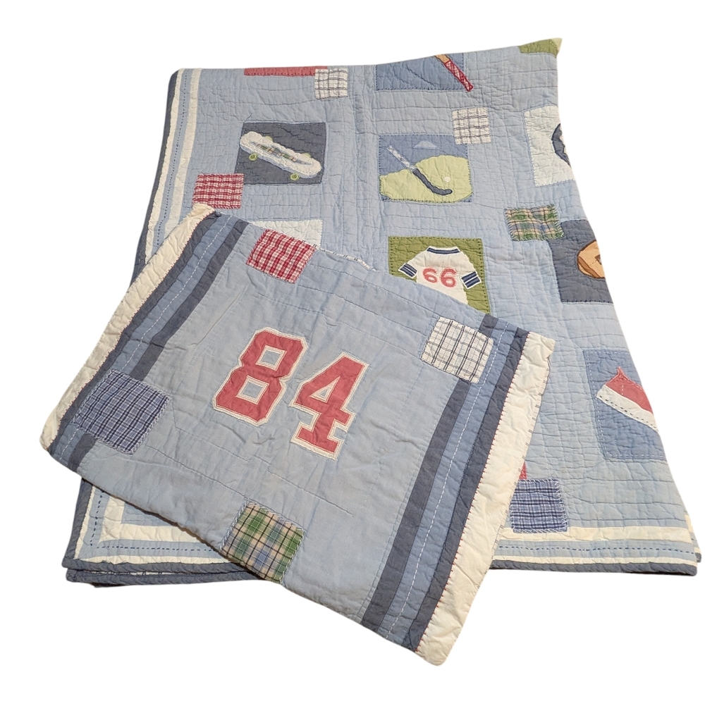 Pottery Barn Kids Sports Patchwork Reversible Twin Quilt & Sham